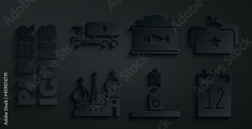 Set Slavic pagan idol, Ushanka, Saint Basil's Cathedral, Calendar 12 june, Tin can with caviar and Tanker truck icon. Vector