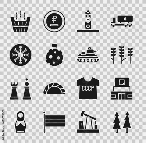 Set Christmas tree, Mausoleum of Lenin, Wheat, Slavic pagan idol, Moon with flag, Snowflake, Sauna bucket and Military tank icon. Vector