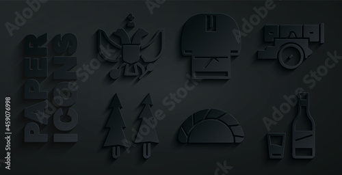 Set Dumpling, Cannon, Christmas tree, Bottle of vodka with glass, Kosovorotka and National emblem Russia icon. Vector