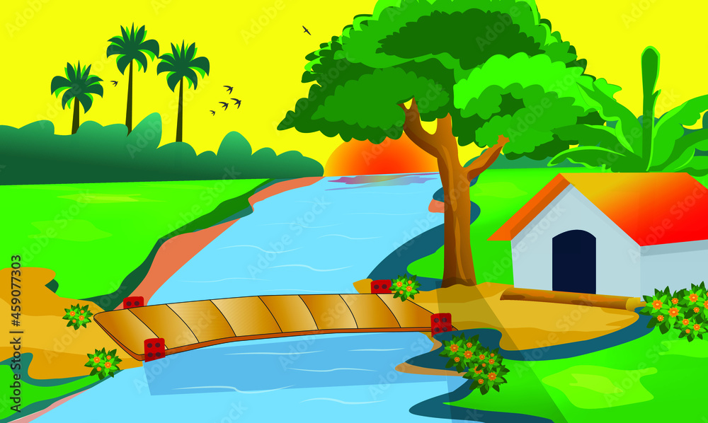 Rural landscape with the field, trees, grass, birds, morning sun, river, bridge, and house. Village in the summer. Vector stock flat style illustration
