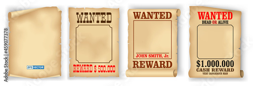 set of realistic wanted poster isolated or vintage scroll parchment manuscripts or grunge old paper brown poster template. eps vector photo