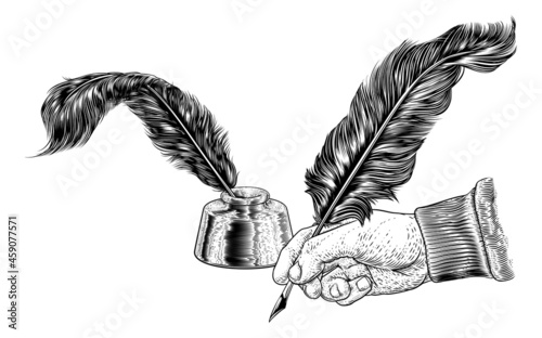 Quill Feather Ink Pen Hand Vintage Woodcut Print