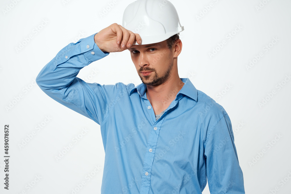 Male builder white helmet work professional industry