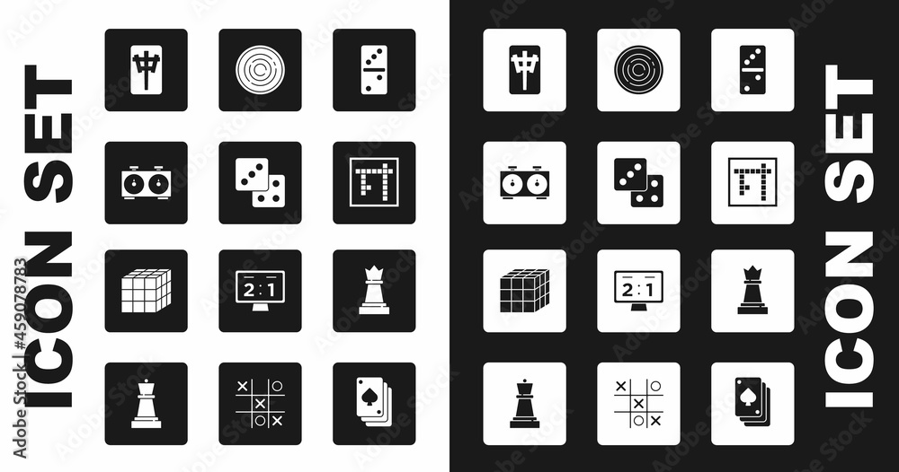 Set Domino, Game dice, Time chess clock, Mahjong pieces, Bingo, Checker game chips, Chess and Rubik cube icon. Vector Set Domino, Game dice, Time chess clock, Mahjong pieces, Bingo, Checker game chips, Chess and Rubik cube icon. Vector