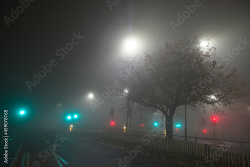 Junction of Clarkehouse road, b6069, to Glossop road, b6547, at night with fog. photo