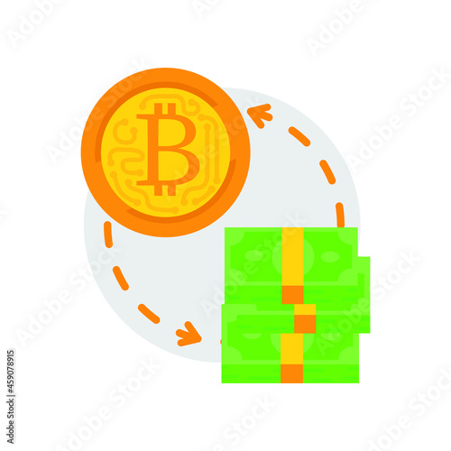 icon depicting the exchange of bitcoin for money in a flat design. on a gray background. made in green-orange color scheme. icon isolated vector illustration