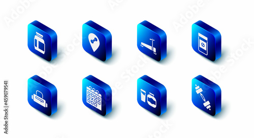 Set Location gym, Treadmill machine, Anabolic drugs, Dumbbell, Sports nutrition, Calendar fitness, bag and icon. Vector