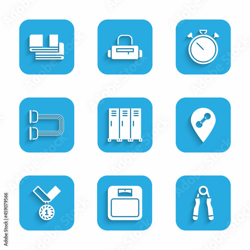 Set Locker or changing room, Bathroom scales, Sport expander, Location gym, Medal, Chest, Stopwatch and Towel stack icon. Vector