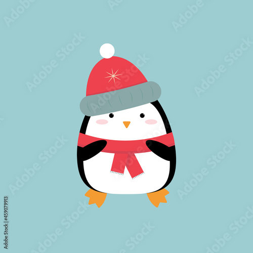 Cute cartoon baby penguin in hat and scarf