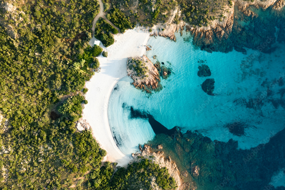 View from above, stunning aerial view of a green coast with the beautiful Prince Beach (Spiaggia del Principe) a white sand beach bathed by a turquoise water. Sardinia, Italy.