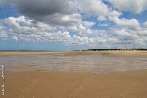 Fototapeta Naklejka Na Ścianę i Meble -  Landscape of beautiful sandy beach with no people and sands stretched to horizon with white puffy clouds reflected in the water pools in Holkham north Norfolk East Anglia uk