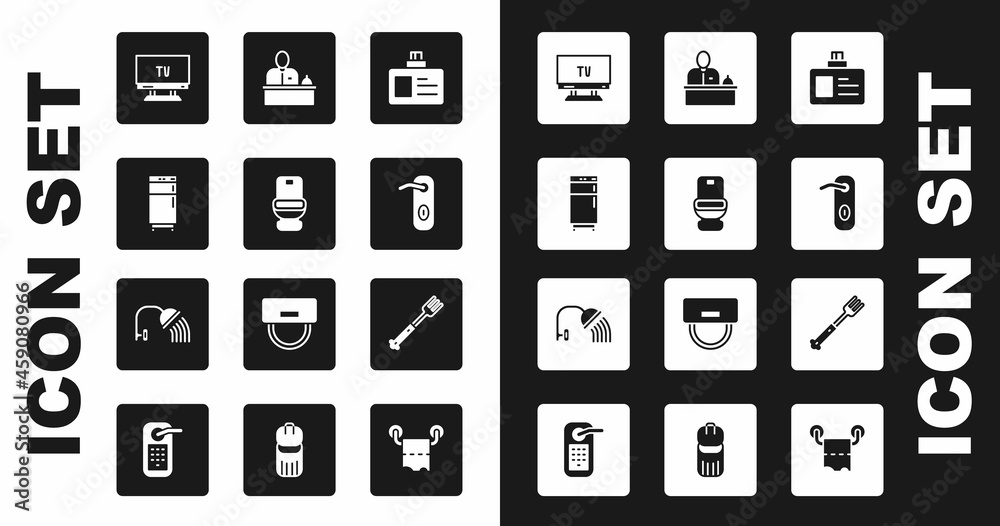 Set Identification badge, Toilet bowl, Refrigerator, Smart Tv, Door handle, Hotel reception desk, Fork and Shower head icon. Vector