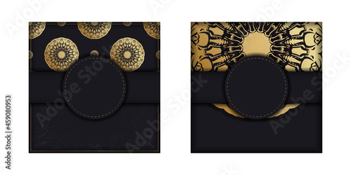 Template Postcard in black color with a gold mandala pattern prepared for printing.
