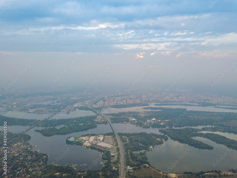 Sunset over Kiev. Cloudy evening. Aerial drone view. Sunset over Kiev. Cloudy evening. Aerial drone view.
