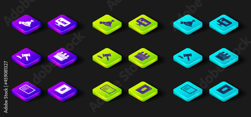 Set Safe, Law book, Judge gavel, Jurors, Location law and Bribe money bag icon. Vector