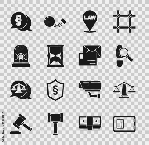 Set Safe, Scales of justice, Footsteps, Location law, Old hourglass, Flasher siren, Law and Envelope icon. Vector