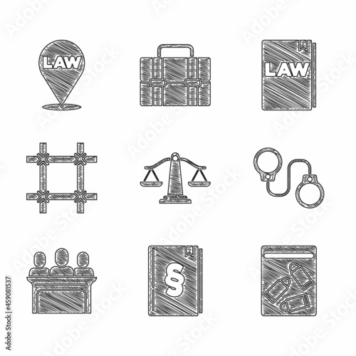 Set Scales of justice, Law book, Evidence bag and bullet, Handcuffs, Jurors, Prison window, and Location law icon. Vector