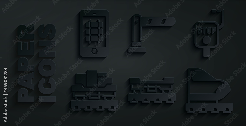 Set Cargo train wagon, Emergency brake, High-speed, Railway barrier and Buy ticket online icon. Vector Set Cargo train wagon, Emergency brake, High-speed, Railway barrier and Buy ticket online icon. Vector