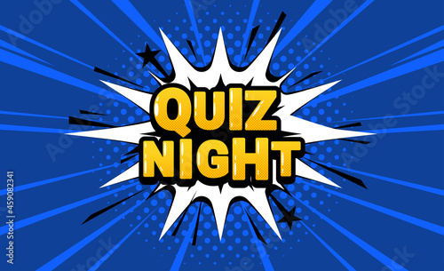 Quiz night banner in pop art style on blue background. Vector comics