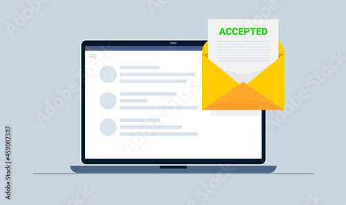 Acceptance letter. Open document on laptop screen. Positive answer in college, university or at work.