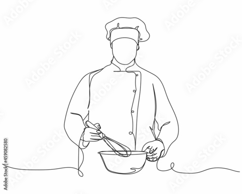 Continuous one line drawing of chef cooking in silhouette on a white background. Linear stylized.