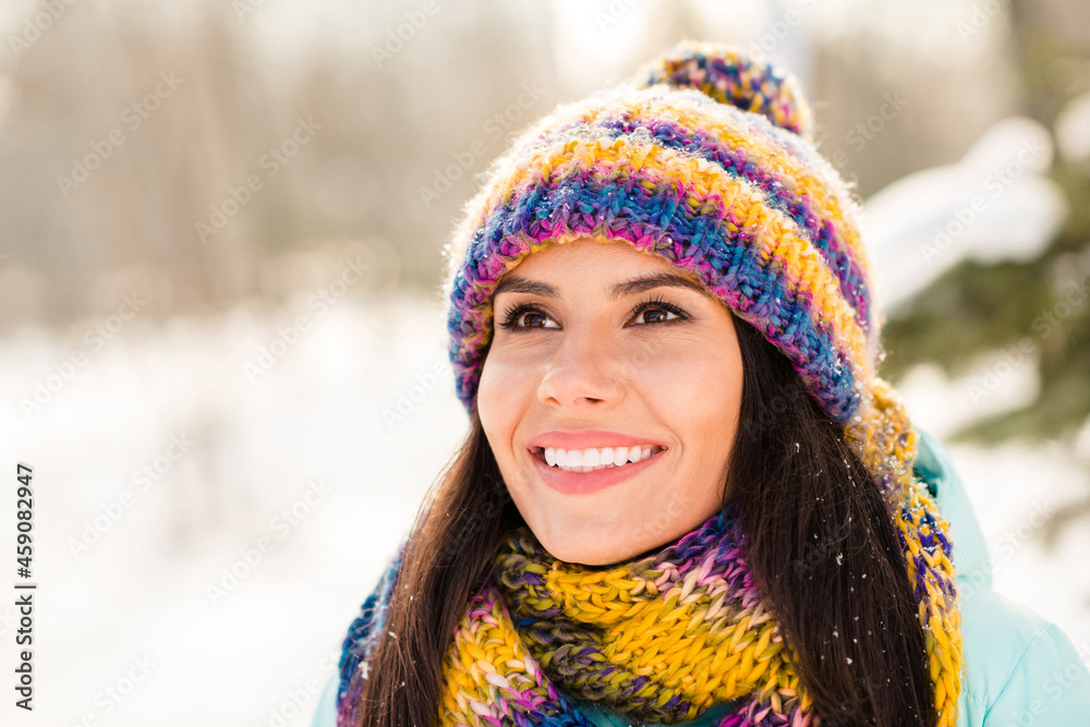 Photo of young cheerful woman happy positive smile dream look empty space walk park nature winter snowy Photo of young cheerful woman happy positive smile dream look empty space walk park nature winter snowy