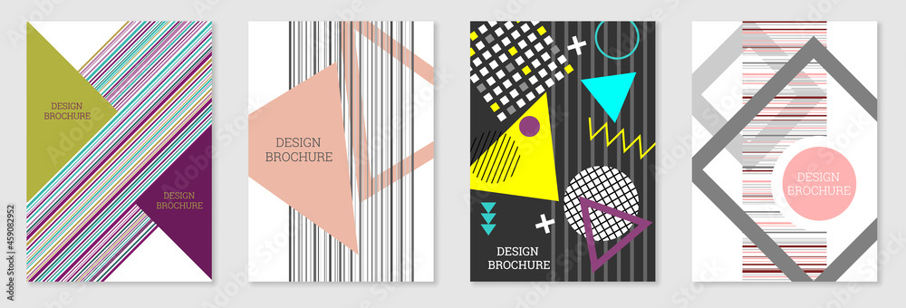 Set of cover design in Memphis style. Geometric design, abstract background. Fashionable bright cover, banner, poster, booklet. Creative colors. Set of cover design in Memphis style. Geometric design, abstract background. Fashionable bright cover, banner, poster, booklet. Creative colors.