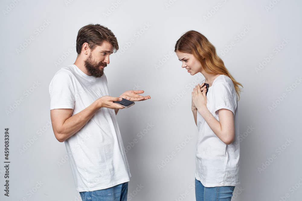 man and woman quarrel jealousy telephones communication isolated background man and woman quarrel jealousy telephones communication isolated background