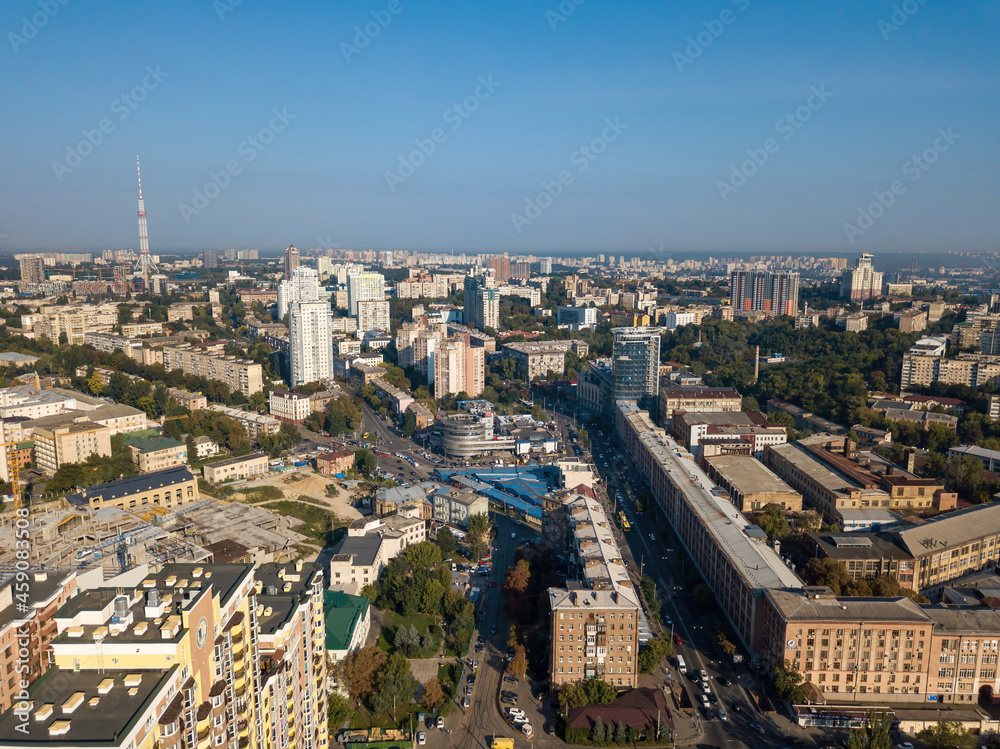 Obraz premium Houses in the business area of Kiev. Summer sunny day. Aerial drone view.