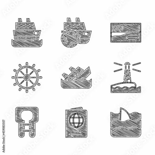 Set Sinking cruise ship, Passport, Shark fin ocean wave, Lighthouse, Life jacket, Ship steering wheel, Postcard travel and Cruise icon. Vector