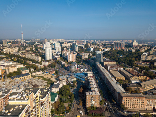Houses in the business area of Kiev. Summer sunny day. Aerial drone view. © Sergey
