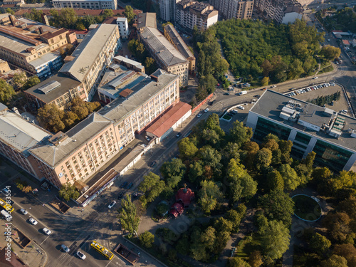 Houses in the business area of Kiev. Summer sunny day. Aerial drone view.