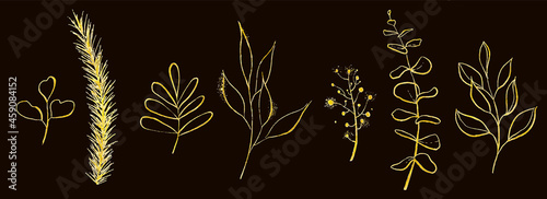Isolated golden dust effect fir tree, eucalyptus leaves branches on dark background. Traced vector watercolor. Hand drawn illustration. Water colour drawing.