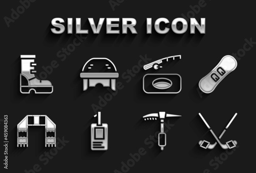 Set Identification badge, Snowboard, Ice hockey sticks, axe, Winter scarf, fishing, Waterproof rubber boot and Hockey helmet icon. Vector