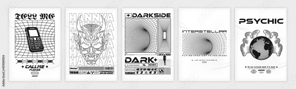 Abstract poster. Acid Graphic style, Rave, Text design, Posters isolated on  paper with shadow and noise, set Stock Vector