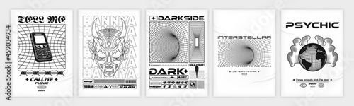 Abstract poster. Acid Graphic style, Rave, Text design, Posters isolated on paper with shadow and noise, set