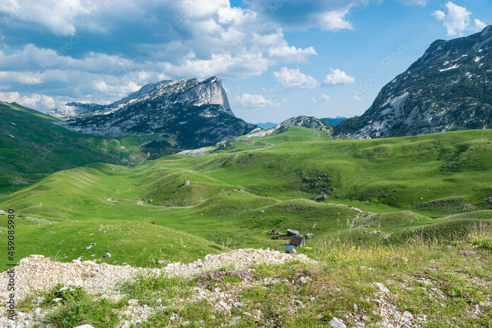 Mountains peaks of the Durmitor National Park, along which picturesque high-mountain tourist road of northern Montenegro passes. UNESCO World Heritage site. Beautiful summer cloudy landscape.