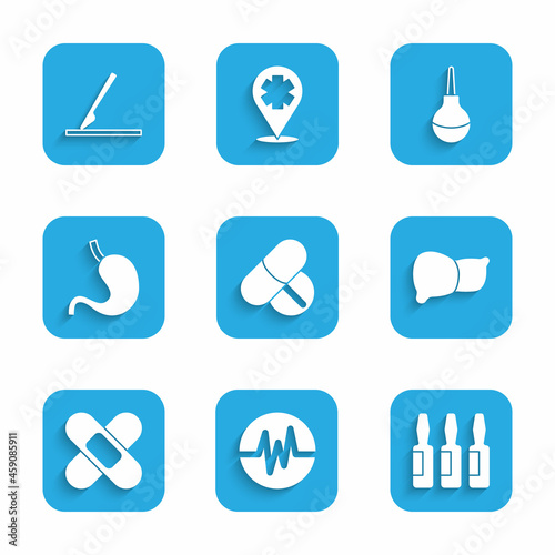 Set Medicine pill or tablet, Heart rate, Medical vial, ampoule, Human organ liver, Crossed bandage plaster, stomach, Enema and surgery scalpel icon. Vector