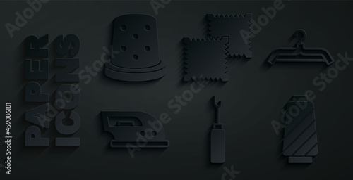 Set Awl tool, Hanger wardrobe, Electric iron, Sewing thread spool, Textile fabric roll and Thimble for sewing icon. Vector