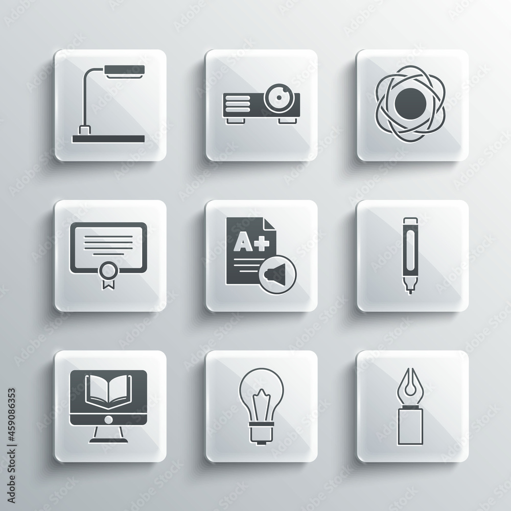 Set Light bulb with idea, Fountain pen nib, Marker, Exam sheet A plus grade, Online class, Certificate template, Table lamp and Atom icon. Vector Set Light bulb with idea, Fountain pen nib, Marker, Exam sheet A plus grade, Online class, Certificate template, Table lamp and Atom icon. Vector