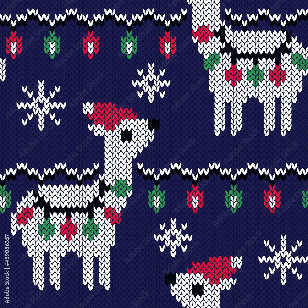 Cute llama in red Santa Claus hat, jacquard knitted seamless pattern. Christmas background. Vector illustration.