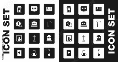 Set Holy bible book, Tombstone with RIP written, Grave cross, Old crypt, Scythe, Speech bubble rip death, and Mourning photo frame icon. Vector