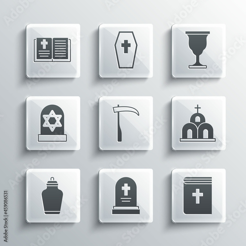 Set Grave with tombstone, Holy bible book, Church building, Scythe, Funeral urn, star of david, and Christian chalice icon. Vector