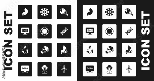 Set Magnifying glass with globe, Molecule, DNA symbol, Human stomach, Bacteria, Stomach heartburn and Virus icon. Vector
