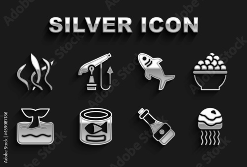 Set Canned fish, Caviar, Jellyfish, Soy sauce bottle, Whale tail in ocean wave, Shark, Seaweed and Fishing harpoon icon. Vector