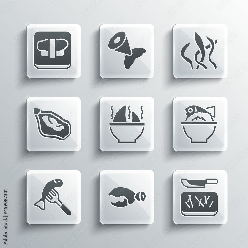 Set Lobster or crab claw, Cutting board and knife, Served fish on bowl, Shark fin soup, plate, Mussel, Sushi cutting and Seaweed icon. Vector Set Lobster or crab claw, Cutting board and knife, Served fish on bowl, Shark fin soup, plate, Mussel, Sushi cutting and Seaweed icon. Vector