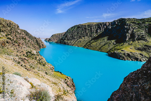 The scenery of the blue lake surrounded by mountains