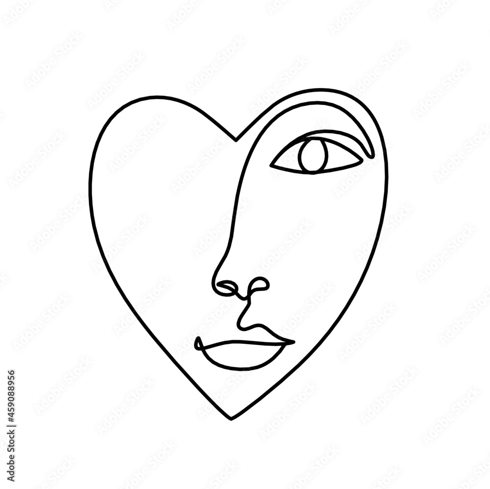 Obraz premium Woman silhouette face in shape heart as line drawing picture on white. Vector