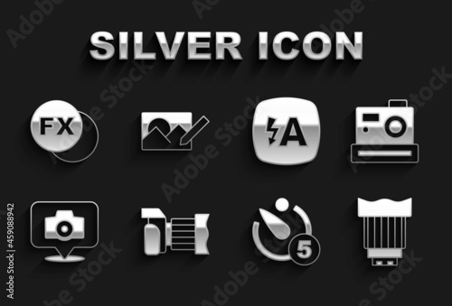Set Photo camera, Camera photo lens, timer, Auto flash, fx and retouching icon. Vector