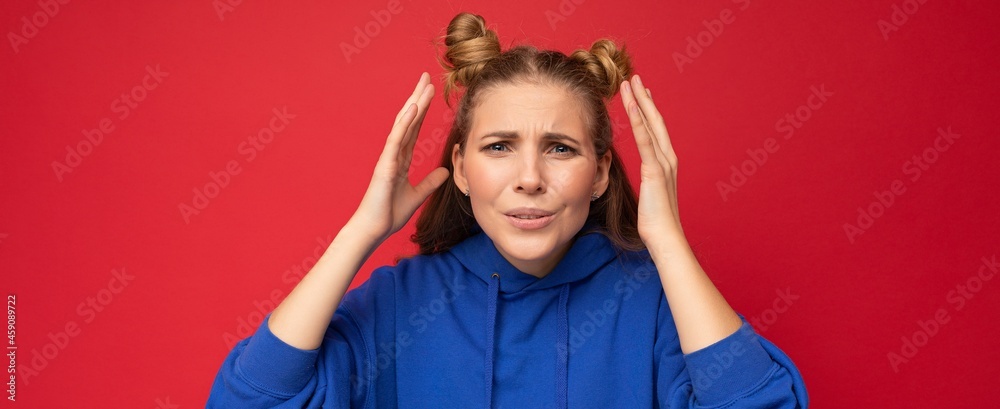 Are you serious? Panoramic closeup photo of beautiful attractive angry shocked amazed surprised young woman with open mouth wearing casual clothes isolated over colourful background with empty space
